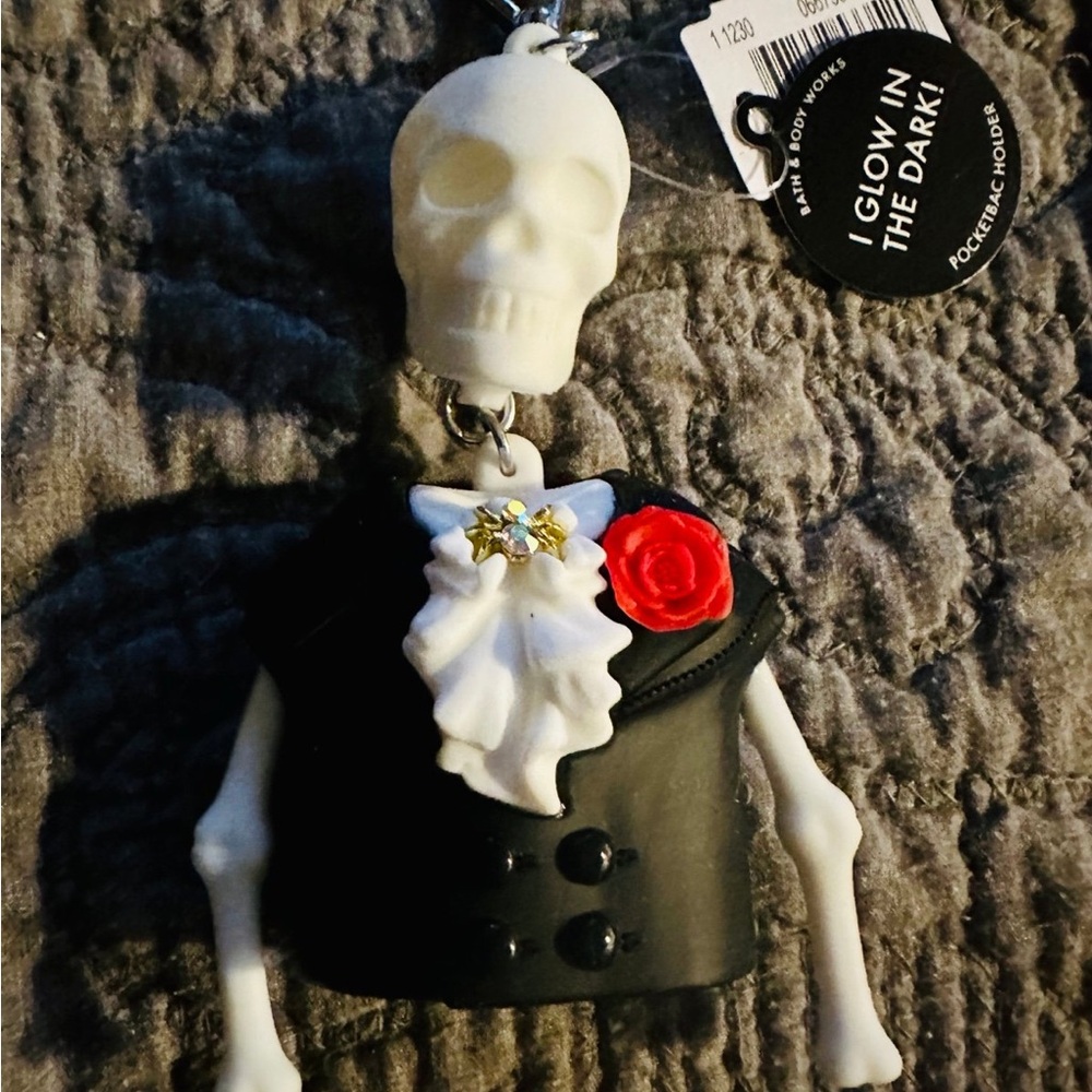 Skeleton Keychain hand sanitizer holder with Black Jacket and Red Rose